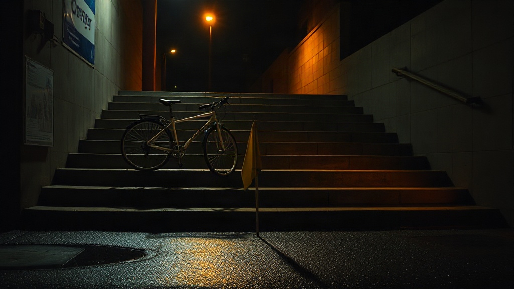 Night stairwell, sodium lamp, a flag on wet asphalt